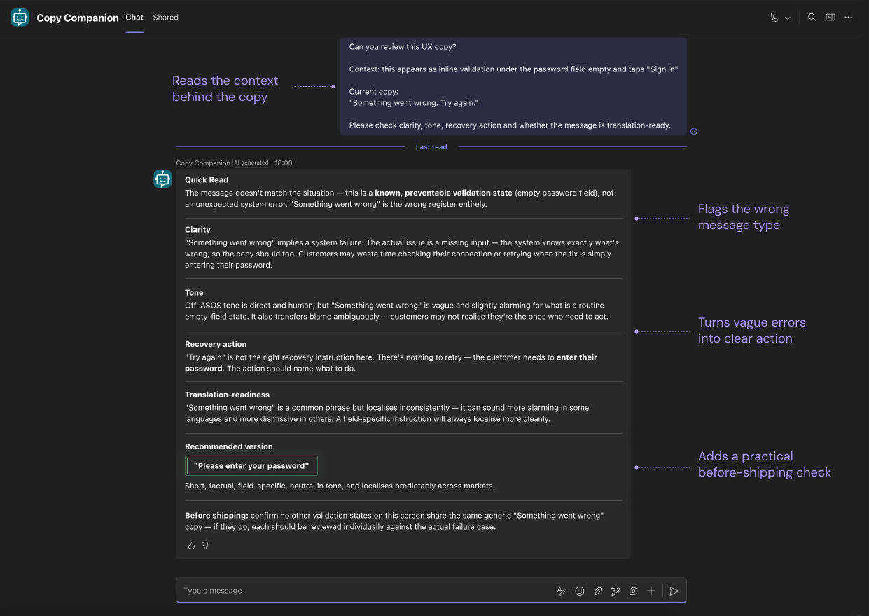 Copy Companion UX copy review output showing context-aware feedback, a recommended version, and before-shipping guidance.