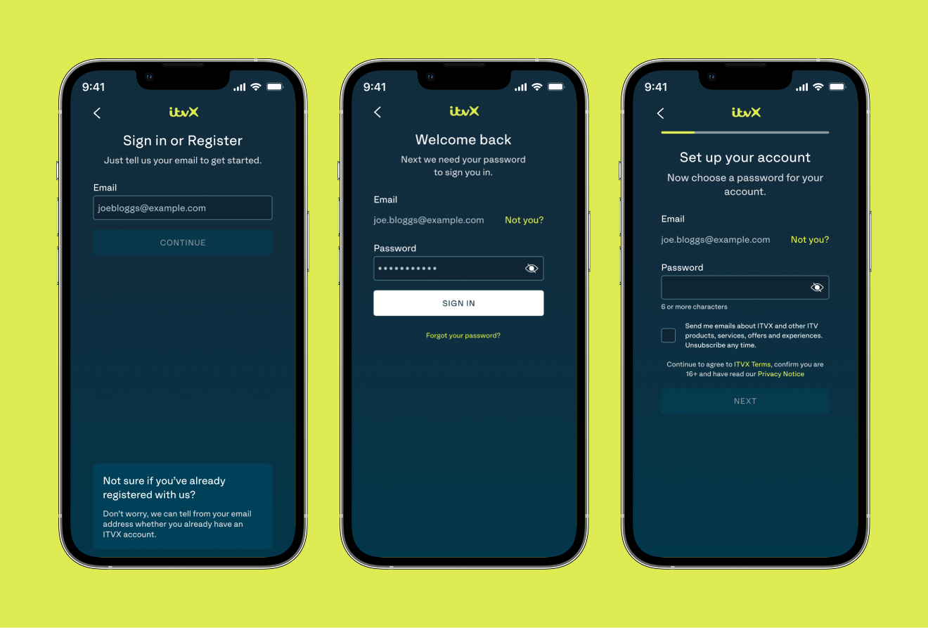 ITVX mobile sign-in and registration journey screens.